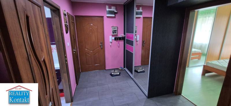 Entrance hall of a one-room apartment with pink walls and wooden doors.