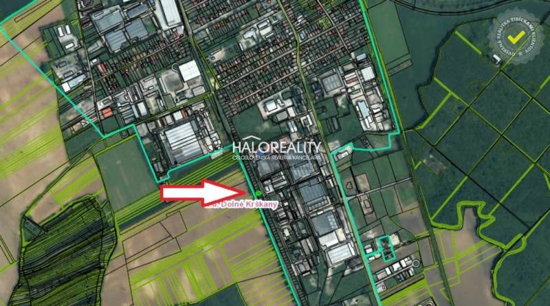 Map of Dolné Krškany in Nitra with marked parcels and a directional arrow.