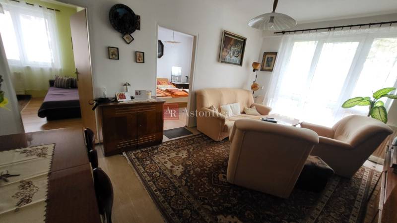 Living room in a 3-room apartment with a sofa, table, and decorative carpet.