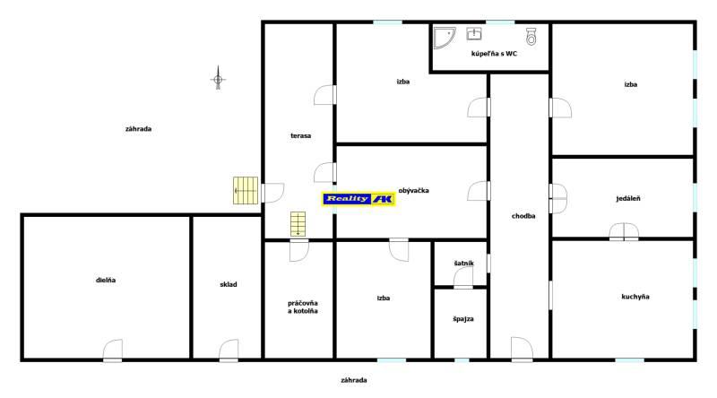 Floor plan of a family house with a terrace, workshop, and garden. It includes rooms and practical spaces.