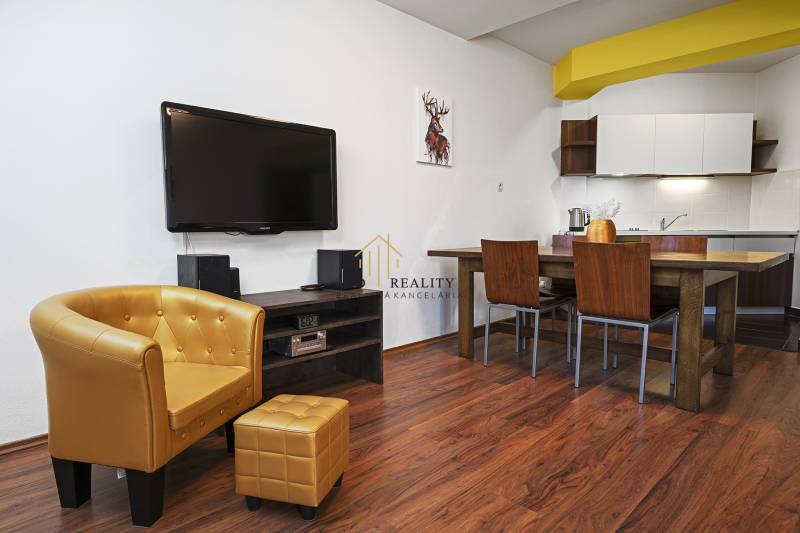 Living room in a two-room apartment with a comfortable armchair and a kitchen in the background.