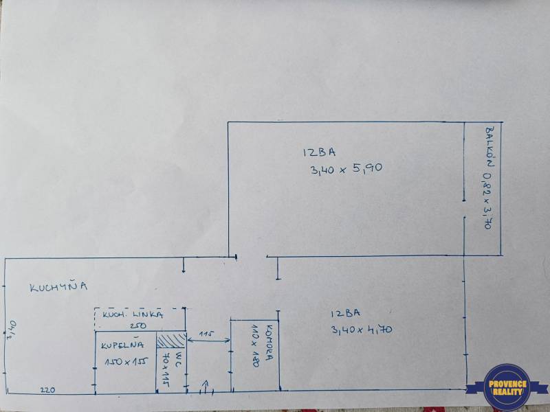 Floor plan of a 2-room apartment with a kitchen, bathroom, pantry, and balcony.