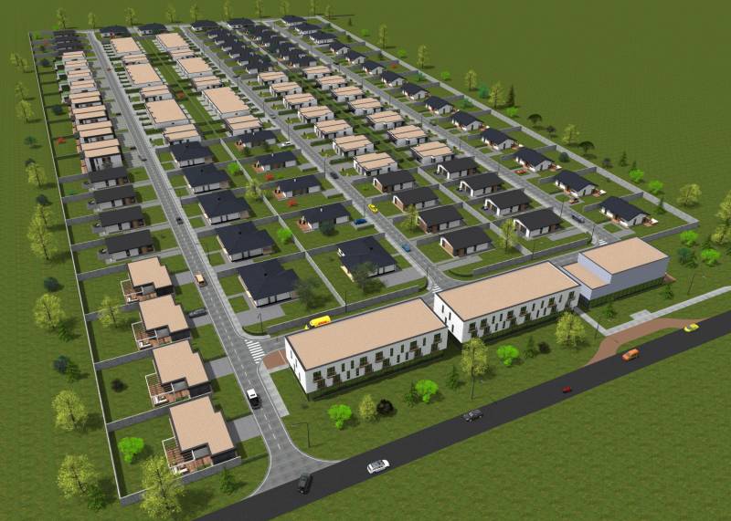 Aerial view of planned construction of family houses in Galanta Košúty, set with greenery.