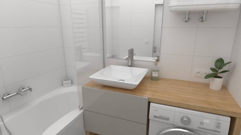Bathroom with a sink, bathtub, and washing machine in a 2-room apartment, with a minimalist design.