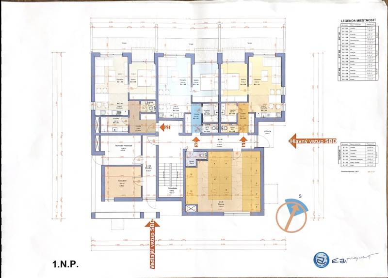 Floor plan of the apartment with the layout of rooms, bathrooms, and entrances on the floor.