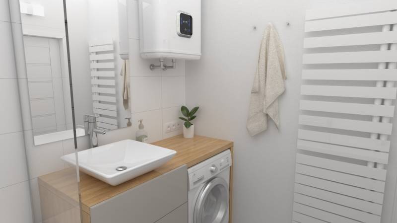 Bathroom with a sink, washing machine, towel, and plant in a 2-room apartment.