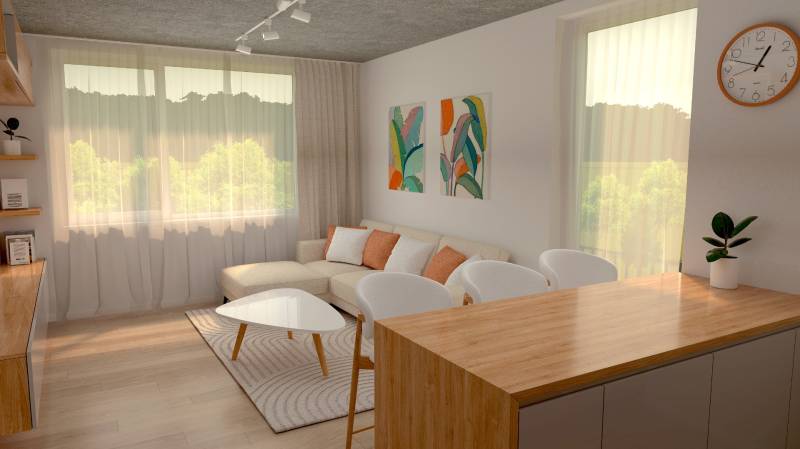 Living room in a 2-room apartment with a sofa, wooden table, and decorative paintings on the wall.