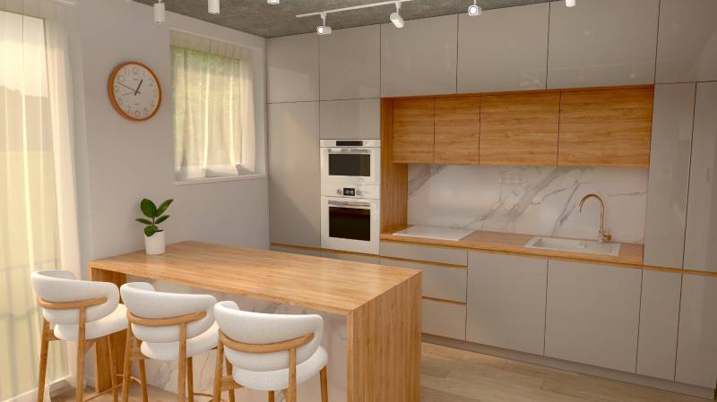 A kitchen in a 2-room apartment with wooden elements and a dining counter.