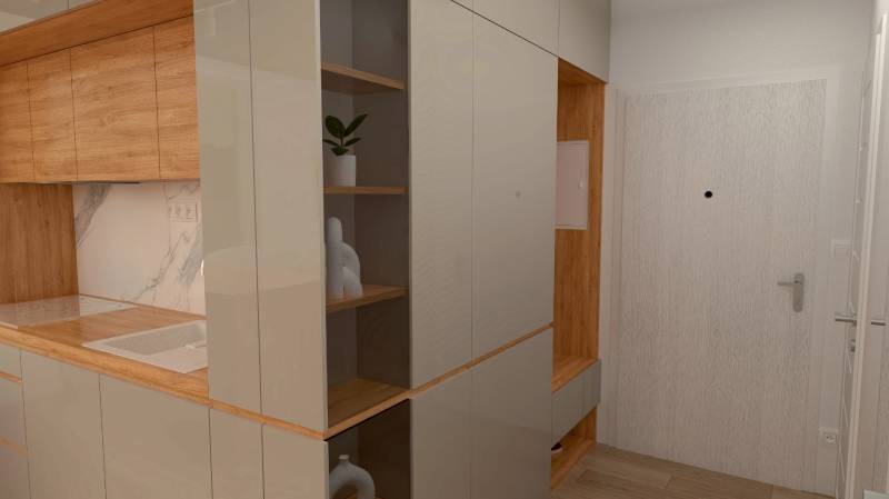 A kitchen with a kitchen unit and open shelves in a 2-room apartment.