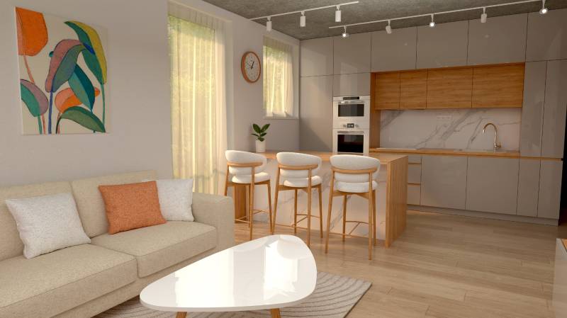 Bright living room with kitchen, sofa, painting, and bar stools in a 2-room apartment.
