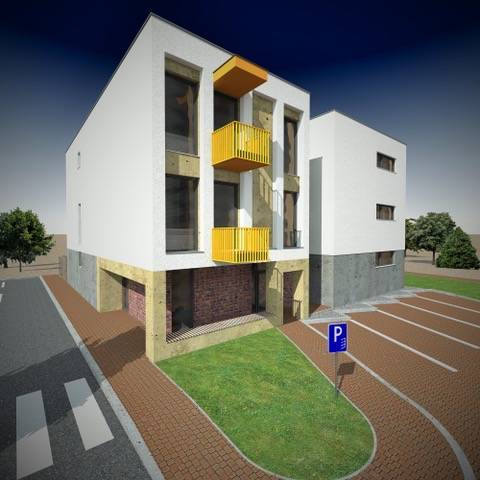 The building on Millenium Street in Galanta Košúty with balconies and parking spaces.
