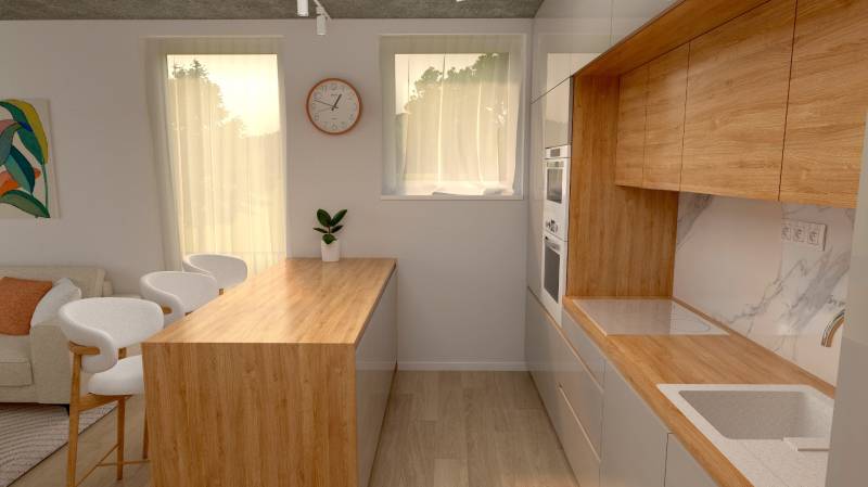 A kitchen in a 2-room apartment with wooden furniture, a bar counter, and stools.