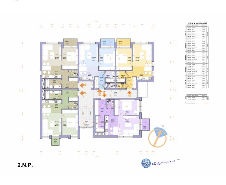 Floor plan of the 2nd floor of the apartment building with room layout and room legend.