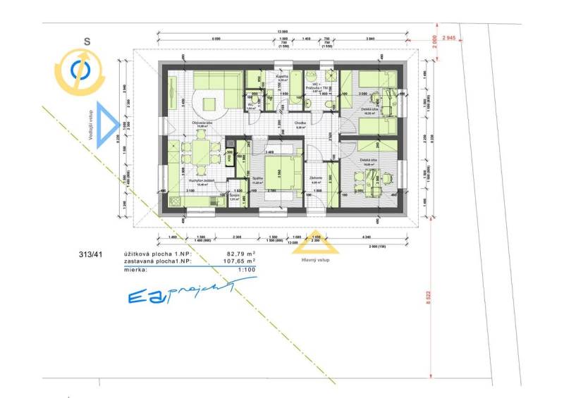 Floor plan of a single-story family house with the layout and orientation of the rooms.