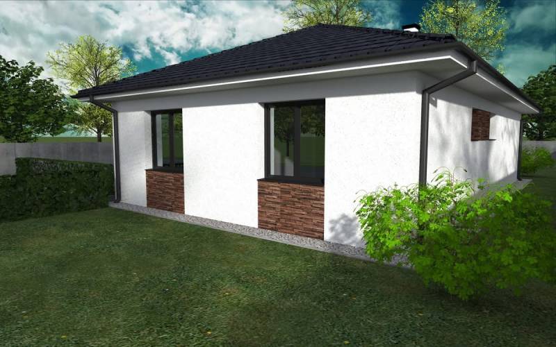 A family house in Western Slovakia with a garden, white facade, and stone decoration.