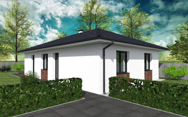 A family house in Western Slovakia with white plaster, surrounded by greenery and trees.