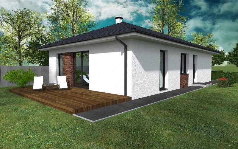 A family house in Western Slovakia with a terrace and a garden surrounded by trees.