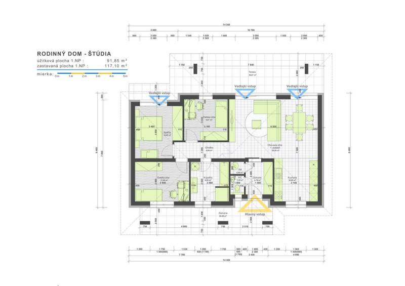 Floor plan of a family house with three bedrooms, a kitchen, a living room, a bathroom, and a terrace.