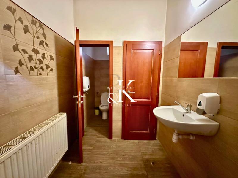 Interior of a toilet with wooden doors, a sink, and decorative tiles.