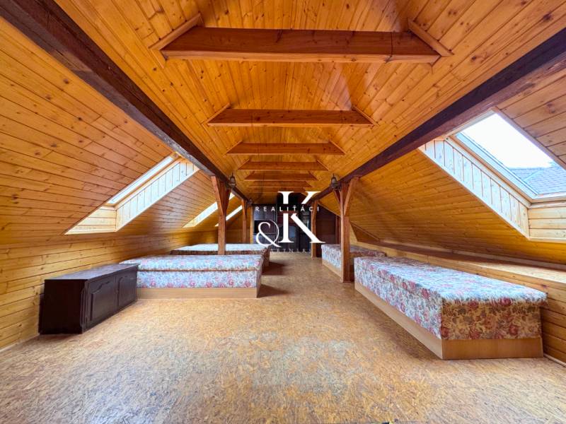 Attic gastro spaces with wooden paneling and skylights.