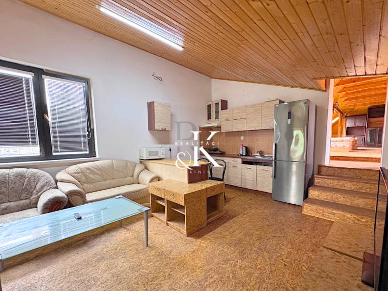 Interior of a gastro space with a kitchen unit, sofa, and wooden ceiling.