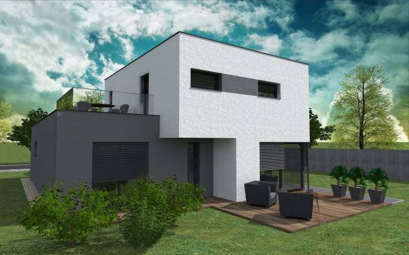 Construction of houses in Western Slovakia; a two-story house with a terrace and a garden.