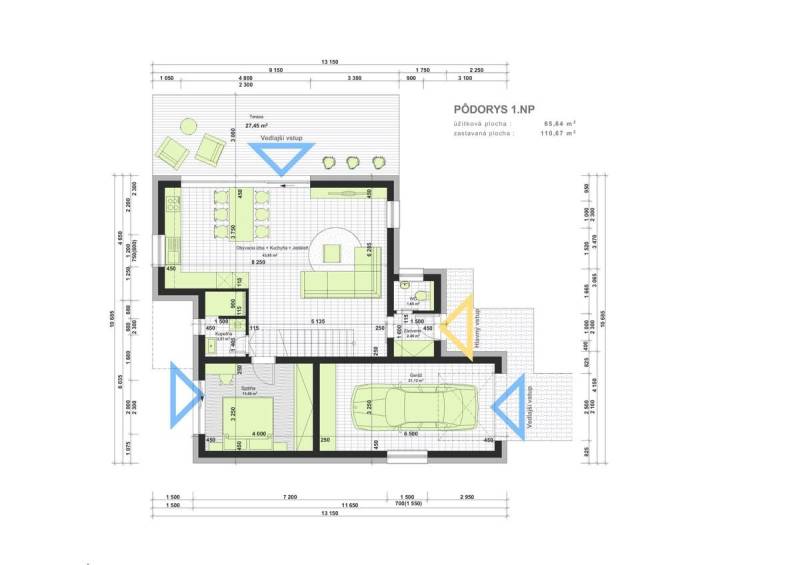Floor plan of a family house with a kitchen, living room, garage, and bedroom, House construction.