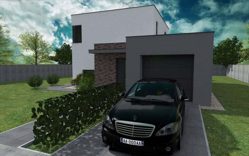 A house with a garage, a car, and a garden in Western Slovakia, house construction.