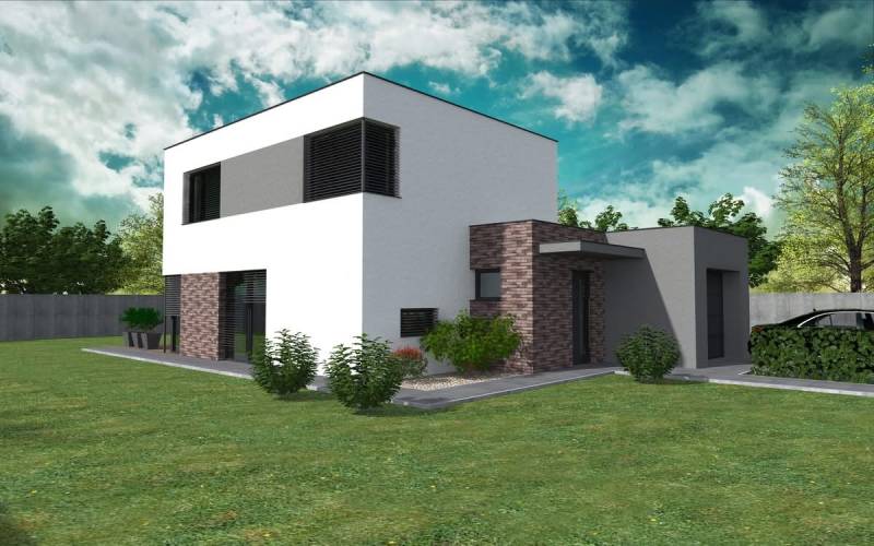 A family house under construction in Western Slovakia surrounded by lawn and greenery.