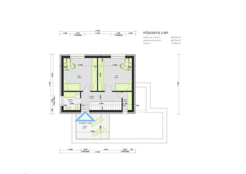 Floor plan with two rooms, a hallway, a bathroom, and a terrace for house construction.