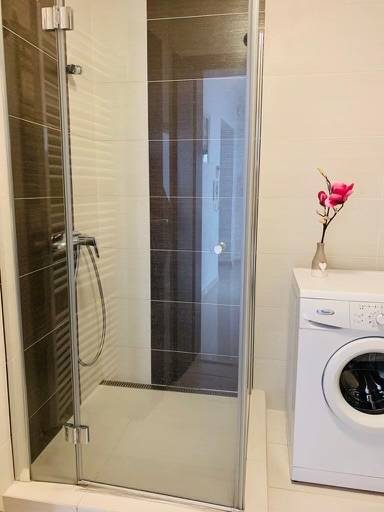 Shower corner and washing machine on Palisády in a 2-room apartment, bathroom in light tones.