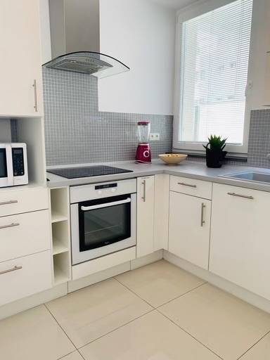 White kitchen with an oven, sink, and blender in a 2-room apartment on Palisády Street.