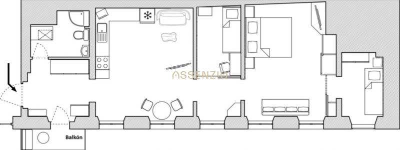 Floor plan of a 3-room apartment with a balcony, kitchen, living room, bedroom, and bathroom.