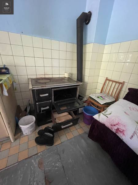 In the interior of the family house, there is a tiled stove with an oven and a chair next to it.