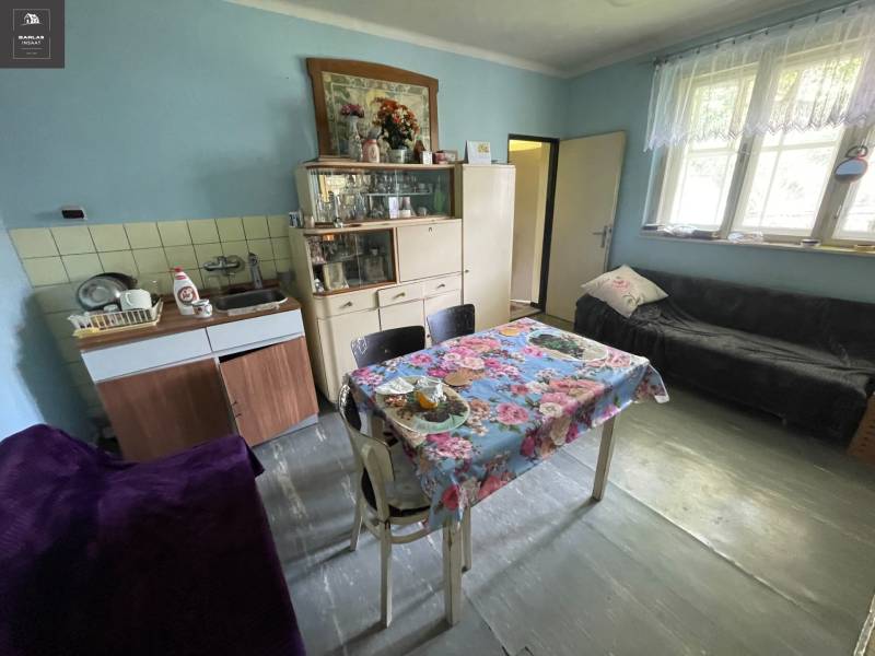 A kitchen in a family house with a blue wall, furniture, and a floral tablecloth.