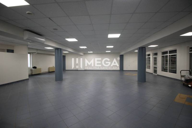 Spacious commercial spaces with large windows and columns.