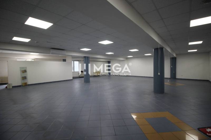 Spacious commercial spaces with blue tiled floors and ceiling lights.