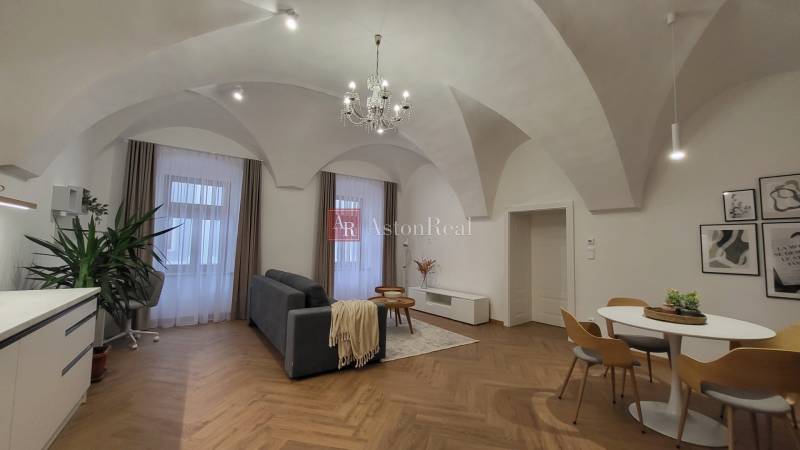 Stylish 1-bedroom apartment with vaulted ceiling, wooden floor, and a sofa.