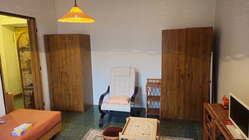 Living room with cabinets, an armchair, and a table in a studio apartment.