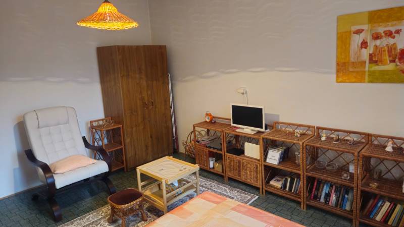 Living room in a studio apartment with a comfortable armchair and wooden furniture.