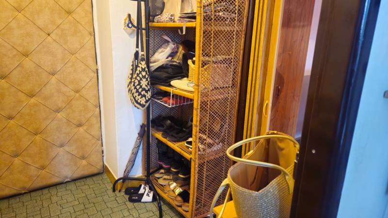 The entrance hall of a one-room apartment with a clothes rack and storage space.