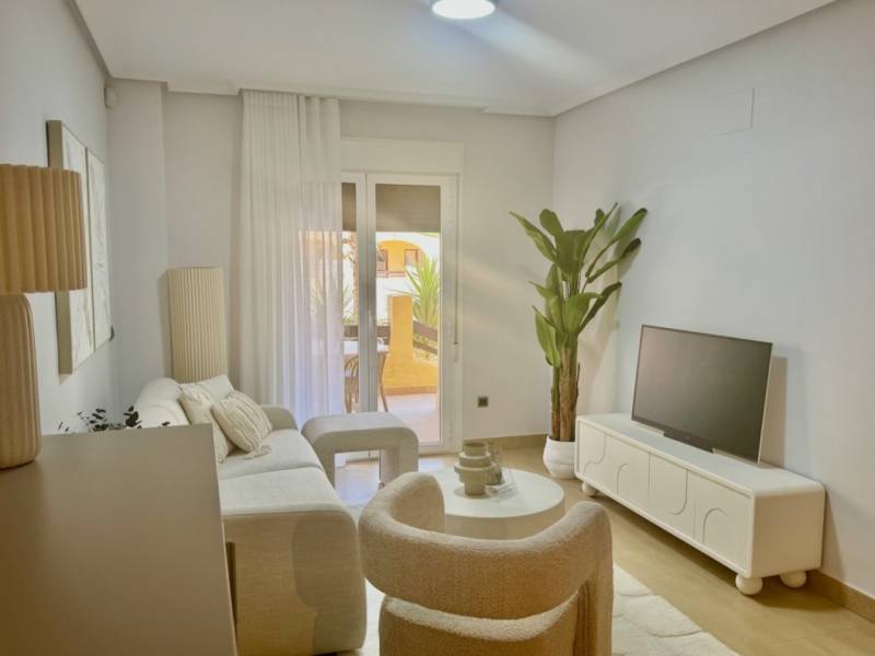 Living room with a sofa, television, and a plant in a holiday apartment.