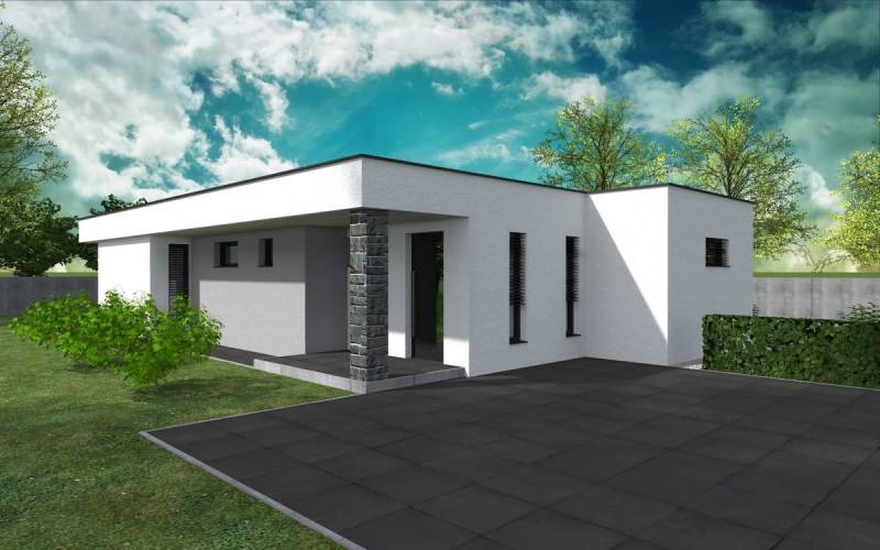 A minimalist building with a flat roof and terrace, Western Slovakia, House construction.