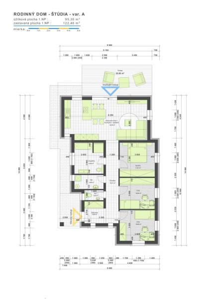 Floor plan of a family house with a terrace and room layout. House construction.