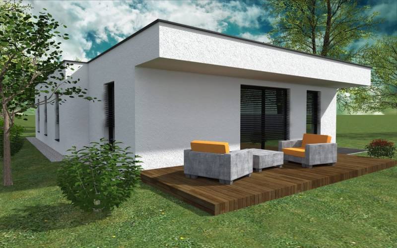 Construction of houses in Western Slovakia: minimalist bungalow with terrace, grass, trees.