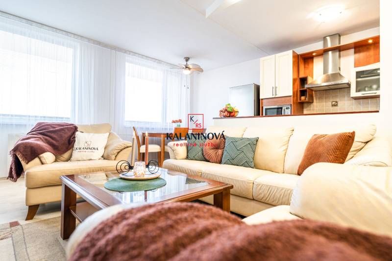 3-room apartment with a comfortable sofa, dining table, and kitchen unit with an extractor hood.