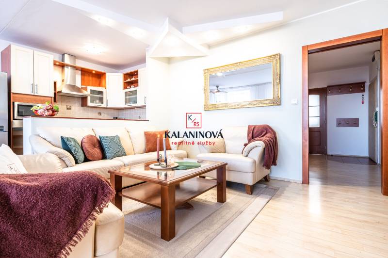 Living room in a 3-room apartment with a sofa, table, and kitchen in the background.