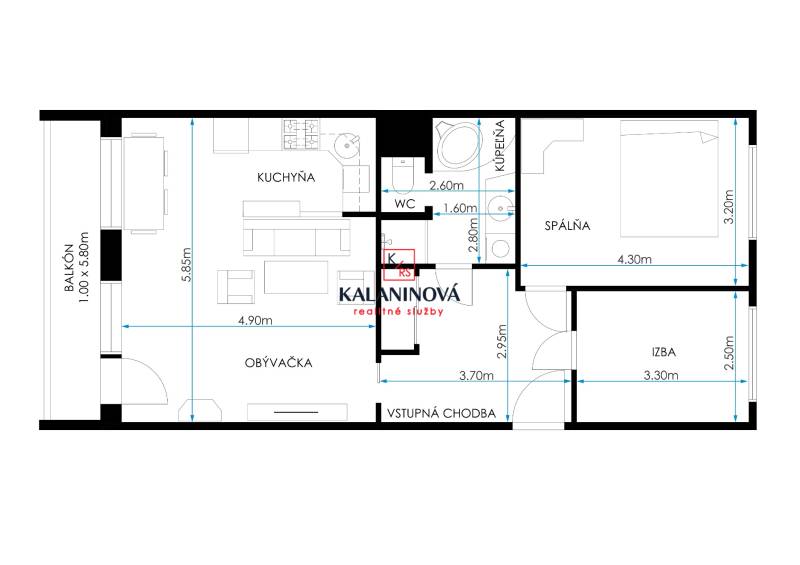 Floor plan of a 3-room apartment with a kitchen, living room, bedroom, and balcony.