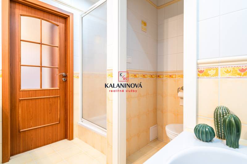 Bathroom with a shower and decorations in a 3-room apartment.