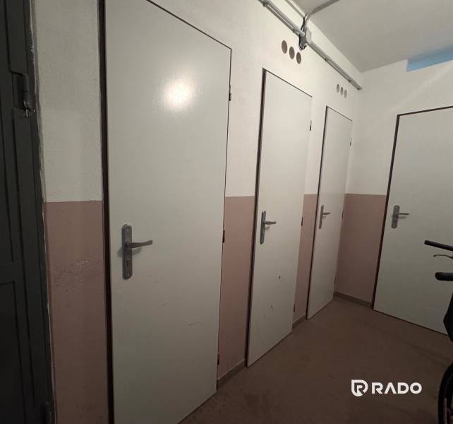 The door in the basement of a 3-room apartment, neutral walls, storage spaces.